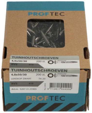 Proftec tuinhoutschroef rvs-410 lk zwarte kop +snijpunt torx tx20 4.0x40 24 | 200 stuks - 5207.31.25605