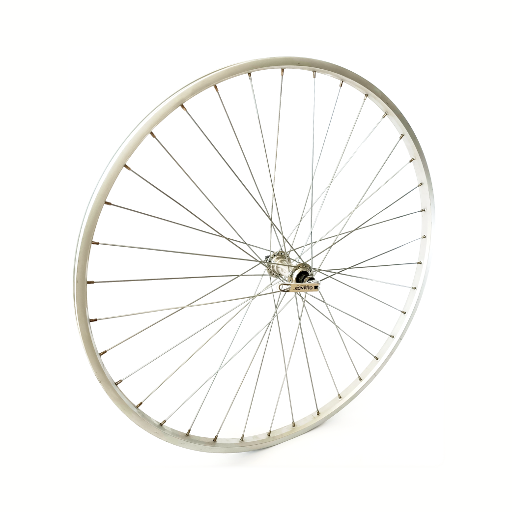 Voorwiel 28x1 5 8x1 3 8. aluminium velg, zilver. uitval naaf