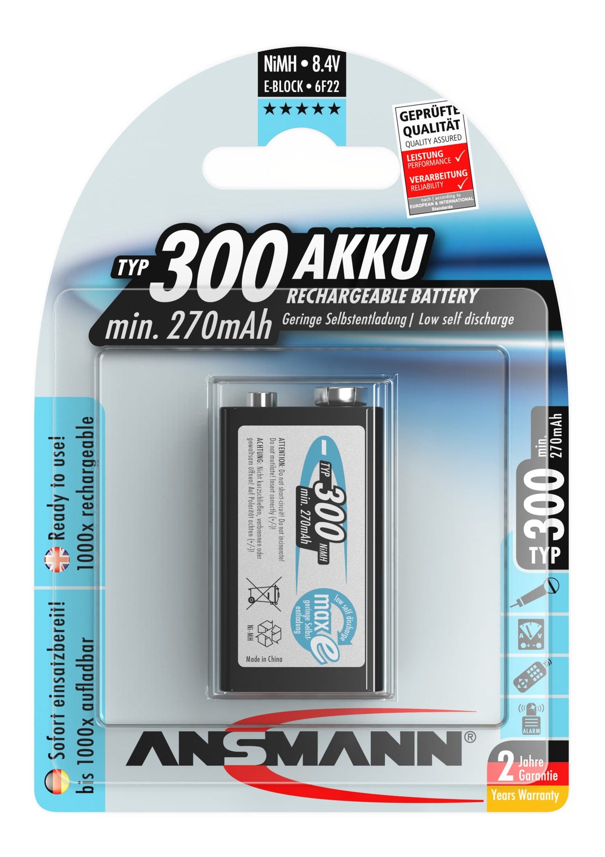 Ansmann nimh accu 9 volt e blok typ 300 maxe 1er blister